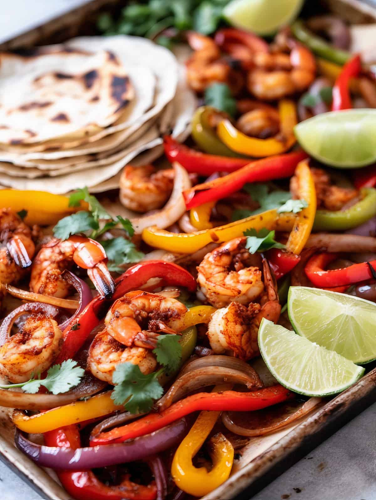 a pan of zesty shrimp sheet pan fajitas with grilled bell peppers and onions
