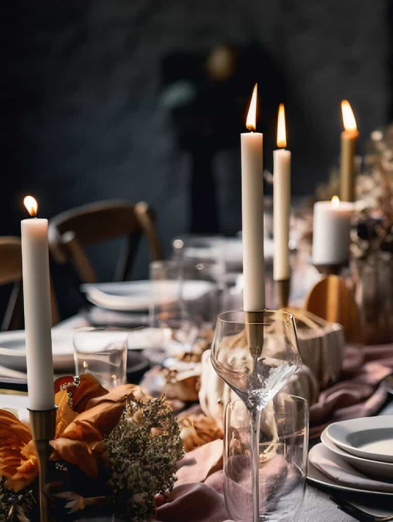 a diner table set for a dinner party with candles