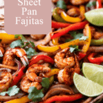a pan of zesty shrimp sheet pan fajitas with grilled bell peppers and onions