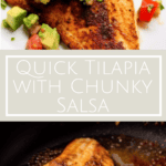 photo collage of a tilapia filet seasoned and cooked with a chunky avocado salsa on top