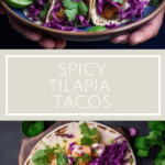 photo collage plate of spicy tilapia tacos with red cabbage, cilantro