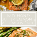 photo collage of foil pack with a salmon filet and asparagus with lemon slices and a butter sauce