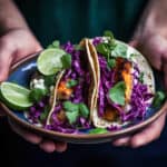 plate of spicy tilapia tacos with red cabbage, cilantro