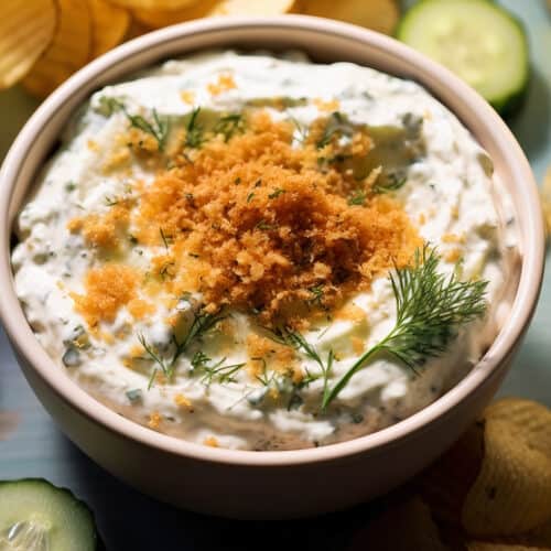 bowl of Easy Fried Pickle & Ranch Dip with panko breadcrumbs and dill on top