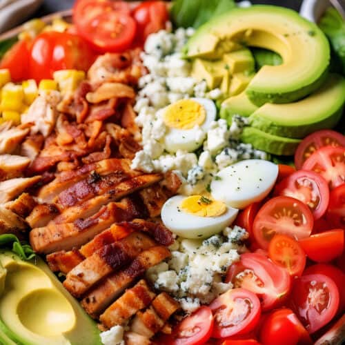 big bowl of Honey Grilled Chicken Cobb with lettuce, avocado, tomatoes, chicken, bacon, blue cheese crumbles