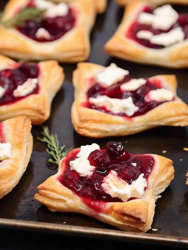 a baking sheet of Cranberry Pomegranate Goat Cheese Tartlet with green garnish