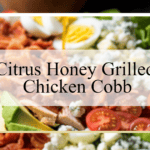 big bowl of Honey Grilled Chicken Cobb with lettuce, avocado, tomatoes, chicken, bacon, blue cheese crumbles