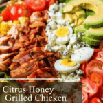 big bowl of Honey Grilled Chicken Cobb with lettuce, avocado, tomatoes, chicken, bacon, blue cheese crumbles