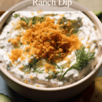 bowl of Easy Fried Pickle & Ranch Dip with panko breadcrumbs and dill on top