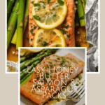 photo collage of foil pack with a salmon filet and asparagus with lemon slices and a butter sauce