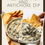 photo collage of a hand dipping a tortilla chip into a bowl of Gourmet Fresh Spinach and Artichoke Dip