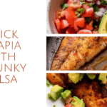 photo collage of a tilapia filet seasoned and cooked with a chunky avocado salsa on top