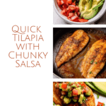 photo collage of a tilapia filet seasoned and cooked with a chunky avocado salsa on top