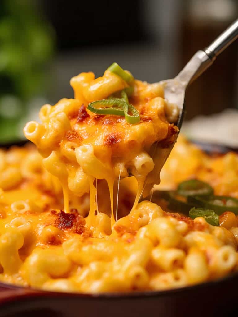 a pan of Spicy Pimento Mac & Cheese with Panko with a spoon