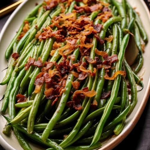 a serving dish of ultimate green bean bliss with caramelized onions and bacon