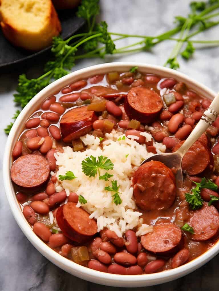 bowl of Ultimate Beans & Rice with sausage and fresh herbs on top