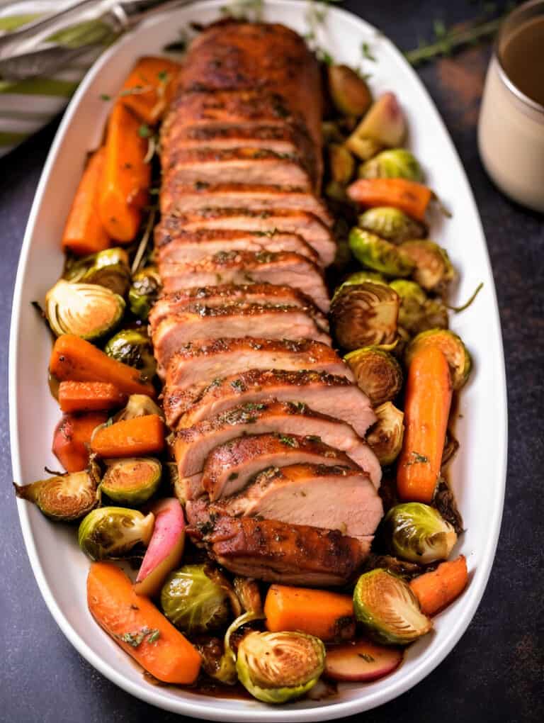 large serving dish of Herb Roasted Pork Loin with apples, carrots and brussels sprouts