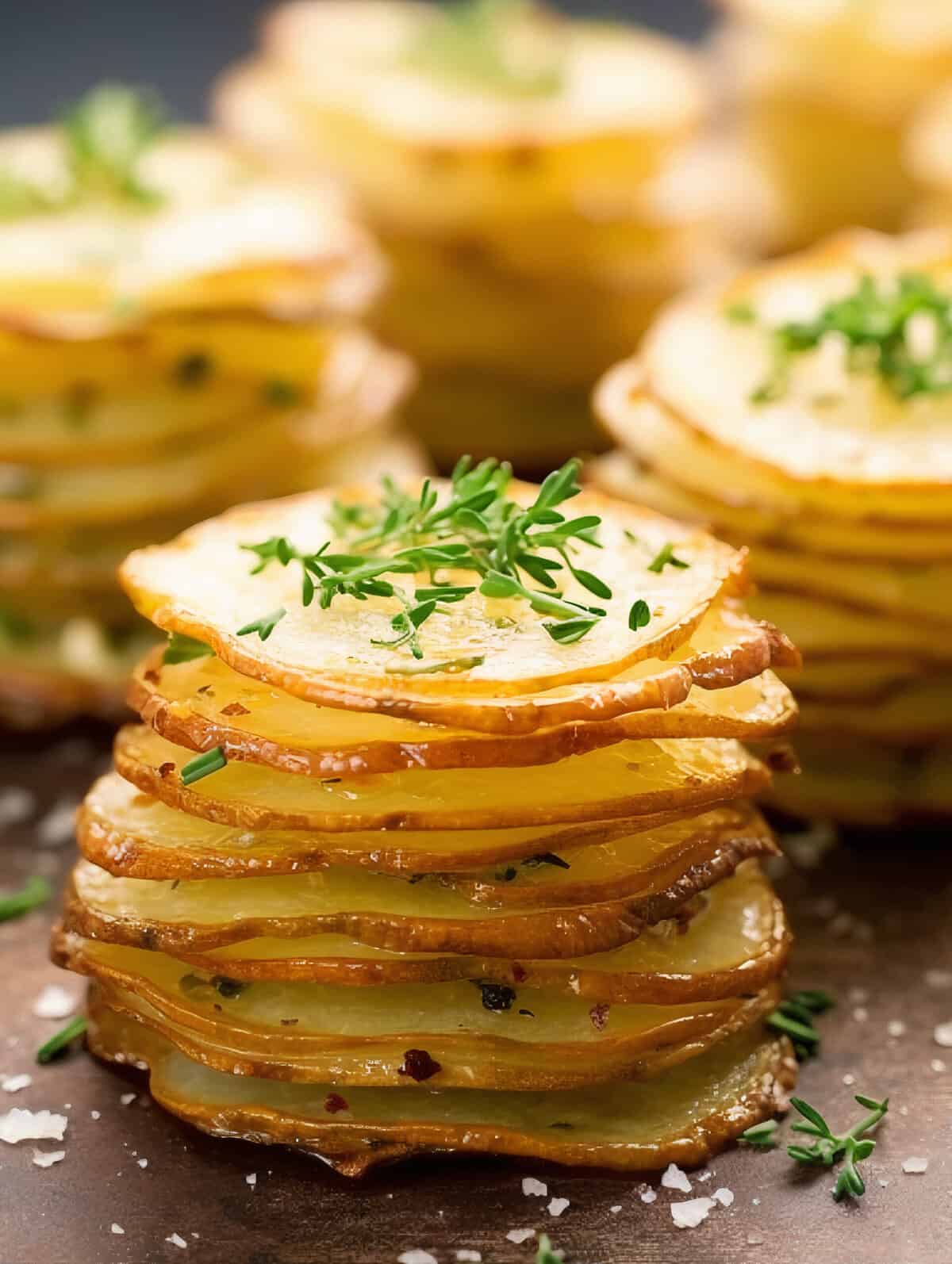 thin sliced potatoes for Stacked Herb-Cheese Potatoes with green garnish on top