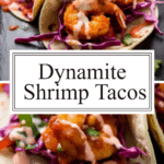 photo collage of Dynamite Shrimp Tacos with a flour tortilla spicy sauce and breaded shrimp