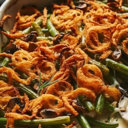 a casserole dish of Epic Green Bean Casserole with crispy onions on top