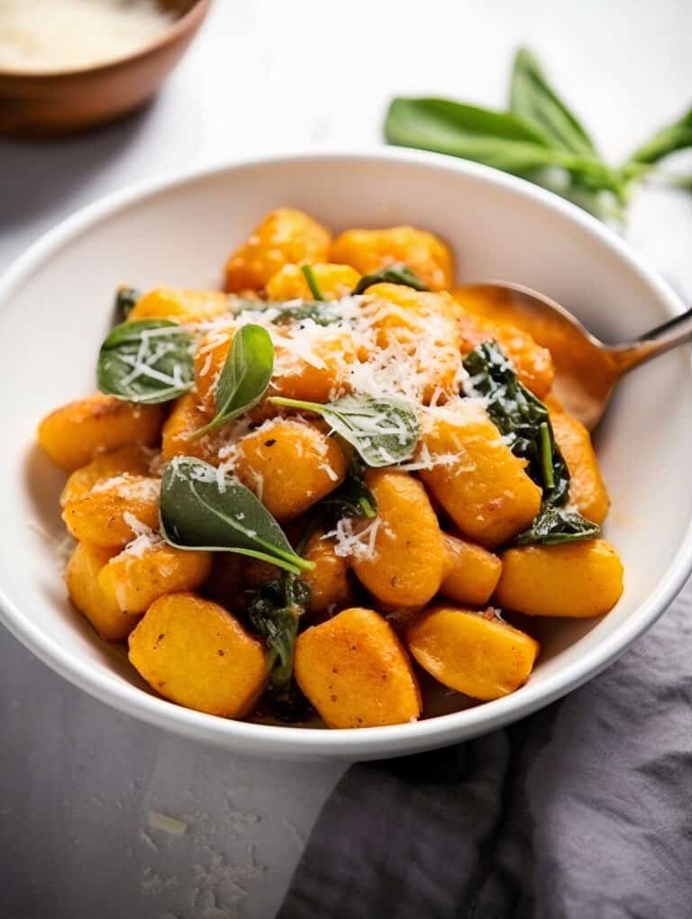 a white bowl of Decadent Pumpkin Gnocchi with sage and parmesan cheese garnish on top