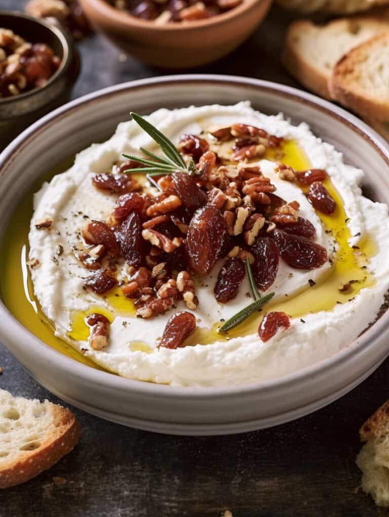 a photo of Whipped Goat Cheese Bliss with chopped dried dates, chopped pecans and olive oil on top with french bread on the side