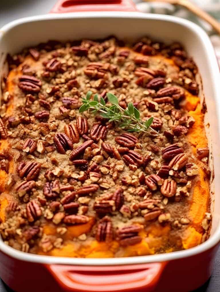 a casserole dish of Crunchy Pecan Sweet Potato Bake with pecan crumble on top