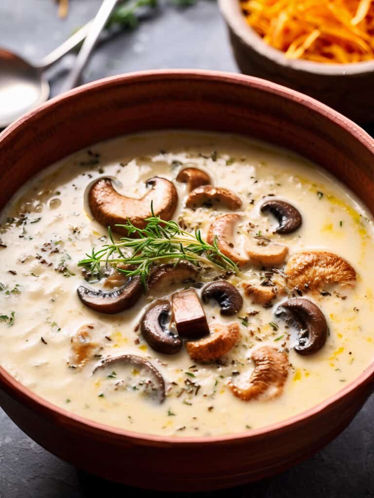 a bowl of creamy Creamy Forest Rice Soup with mushrooms and green herbs on top